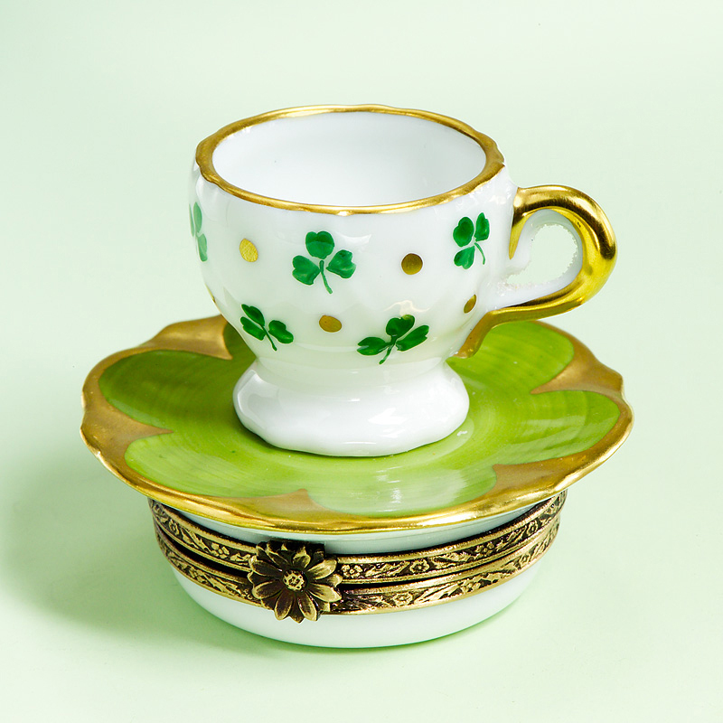 Limoges Irish Cup Saucer Four Clover Leaf Box