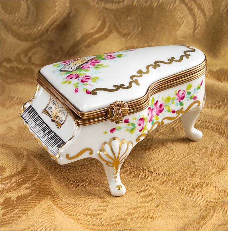 Limoges White Piano with Roses and Music Box